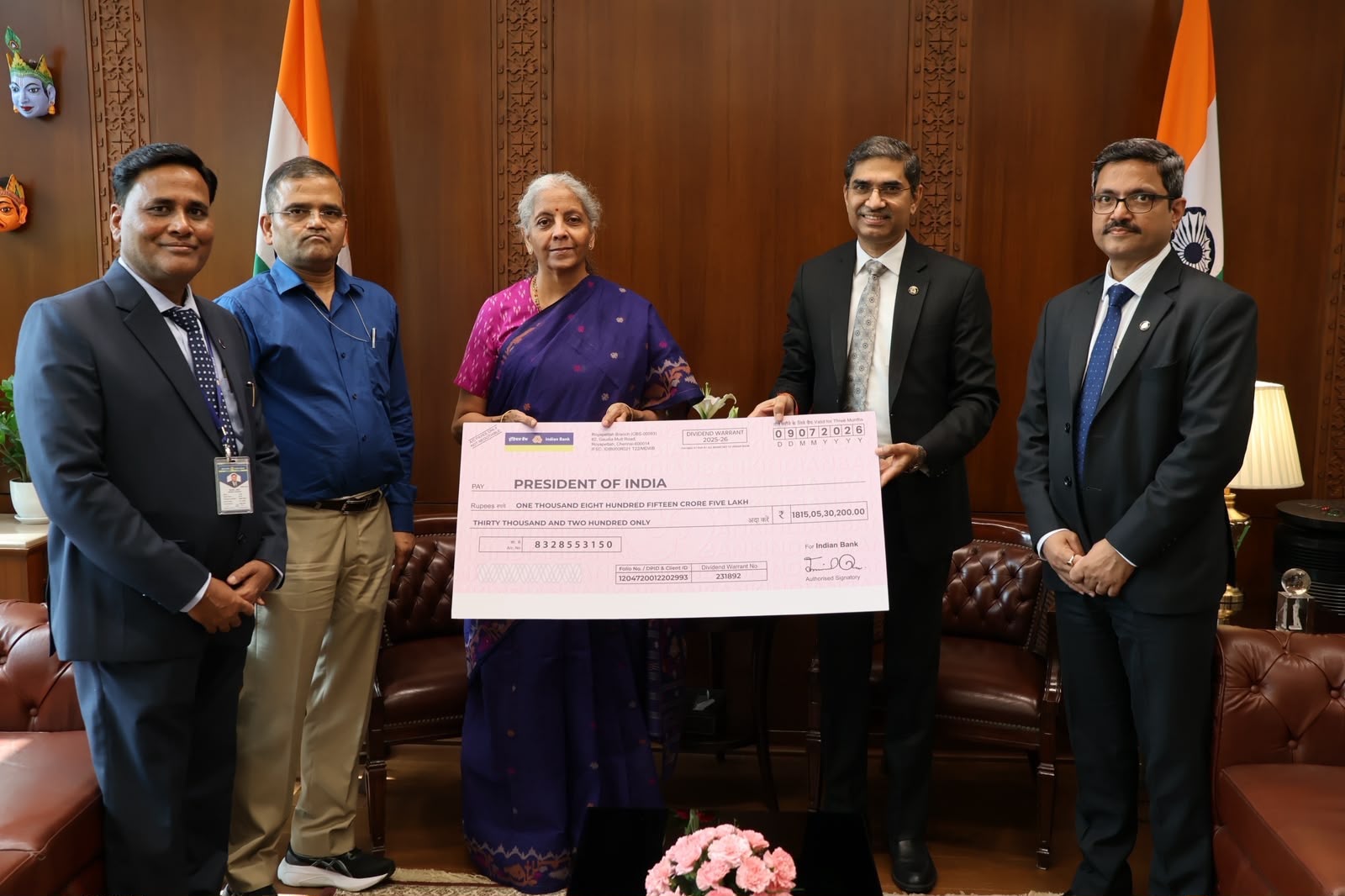 Indian Bank handed over a dividend cheque of INR 1,815.05 Crore to the Government of India