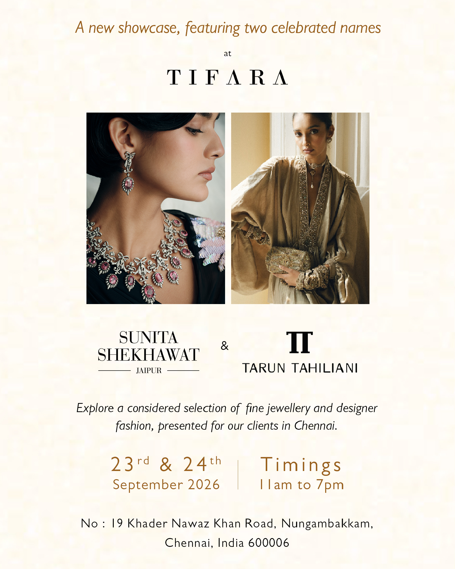 Tifara to Host an Exclusive Showcase Featuring Sunita Shekhawat Fine Jewellery and Tarun Tahiliani on 23rd and 24th September 2026