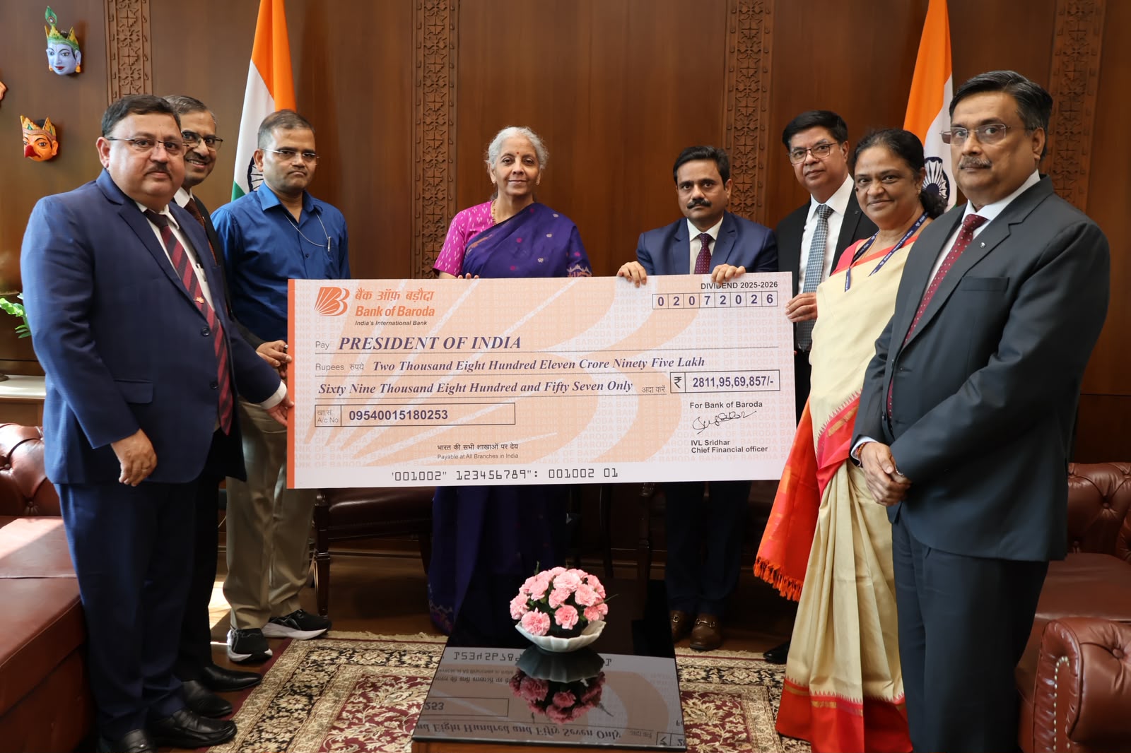 Bank of Baroda Presents INR 2,811 Crore Dividend for FY 2025-26 to Finance Minister Smt. Nirmala Sitharaman