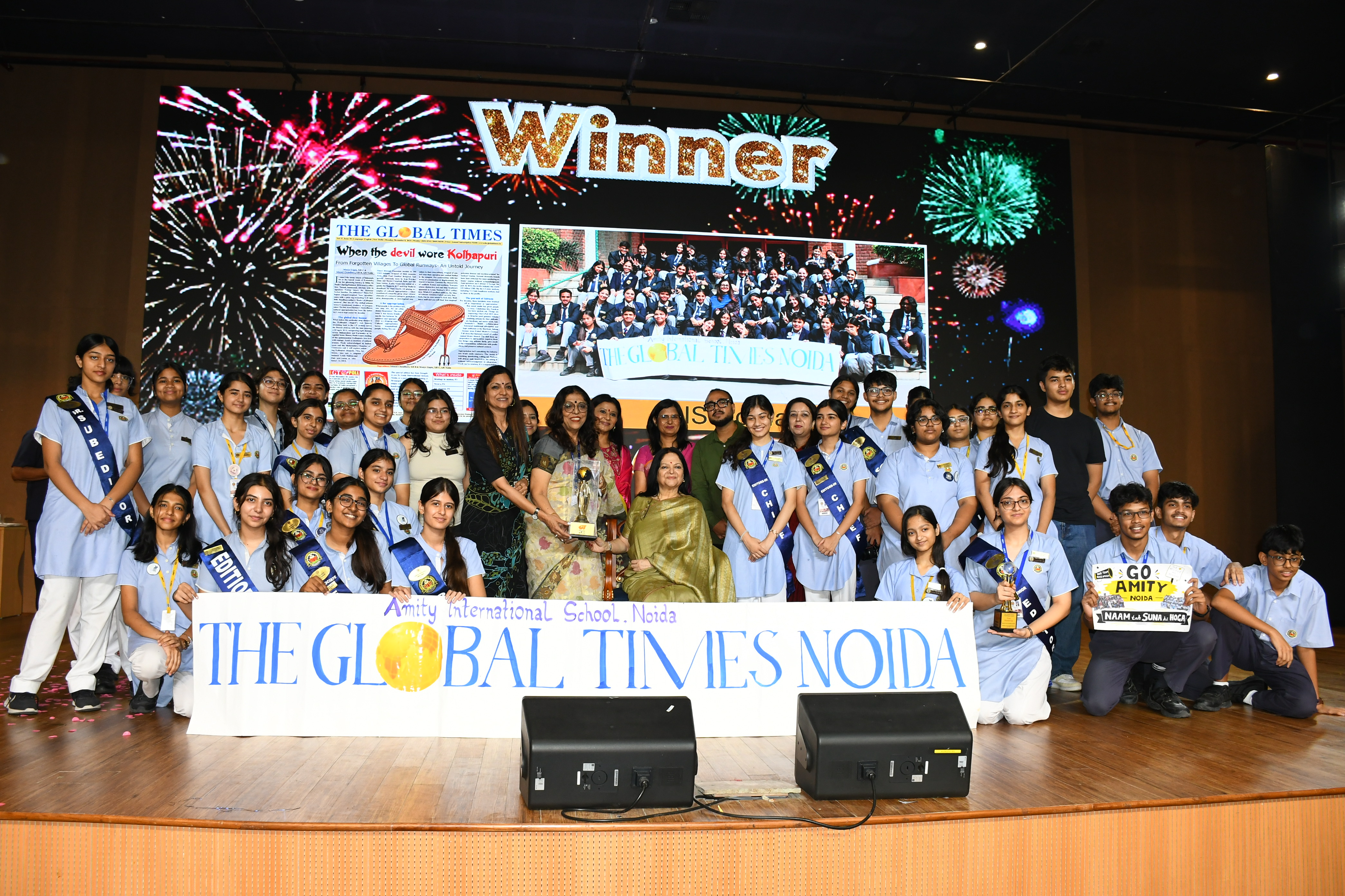 Amity International School Noida lifts Winner&rsquo;s Trophy during  The Global Times- Making a Newspaper Contest 2025-26