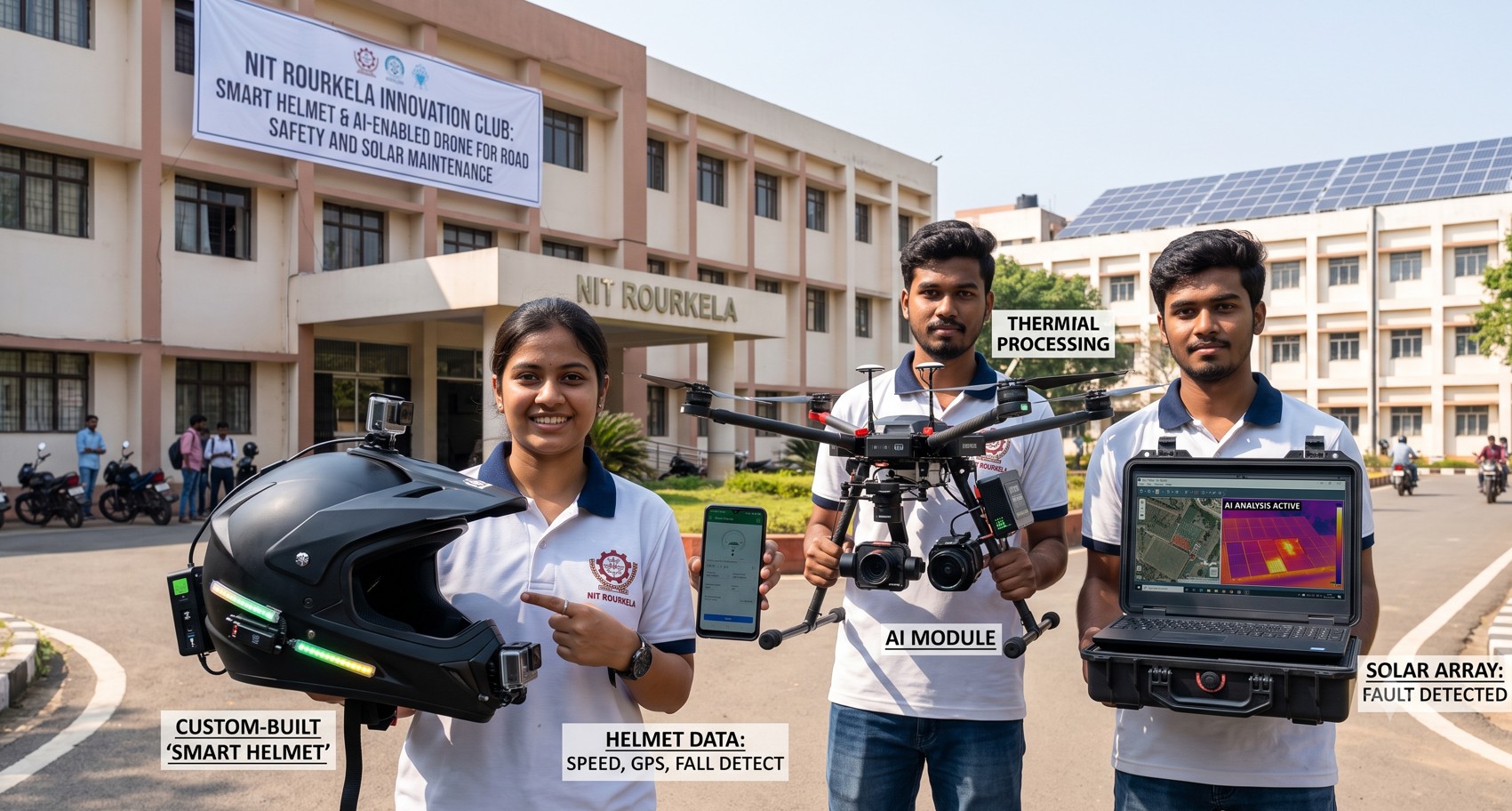 NIT Rourkela Students Build Smart Helmet and AI-Enabled Drone to Tackle Road Safety, Solar Maintenance