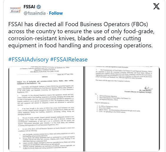 FSSAI Directs Food Businesses to Use Corrosion-Free Knives to Prevent Food Contamination
