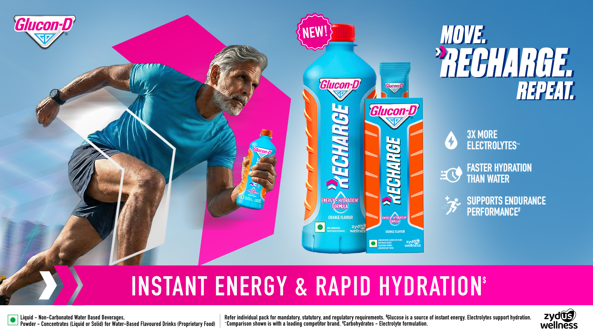 Zydus Wellness Zydus Wellness forays into performance & sports hydration segment; launches Glucon-D Recharge; appoints Milind Soman as brand ambassador