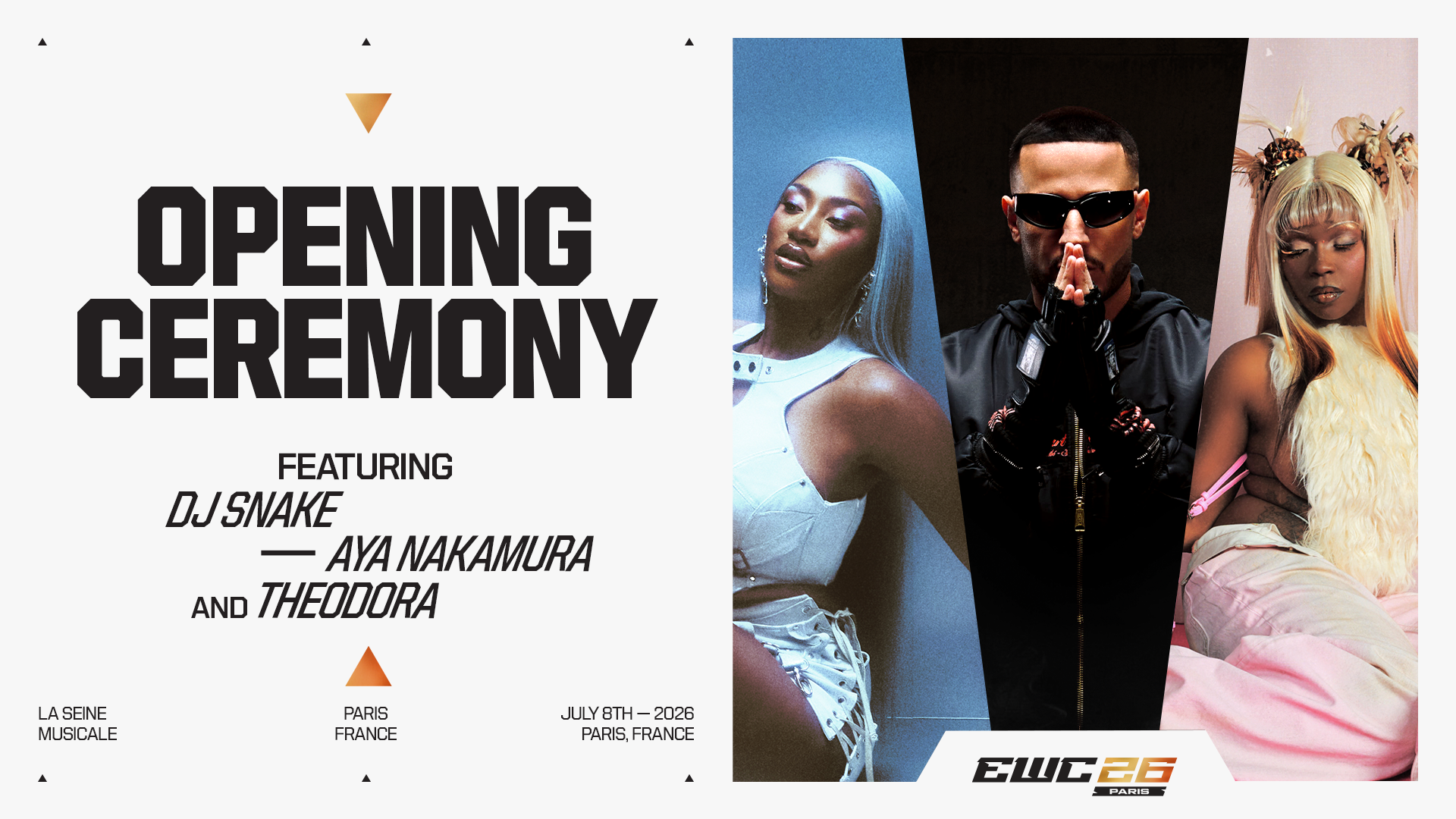 Aya Nakamura, DJ Snake, and Theodora to Open the Esports World Cup 2026 in Paris