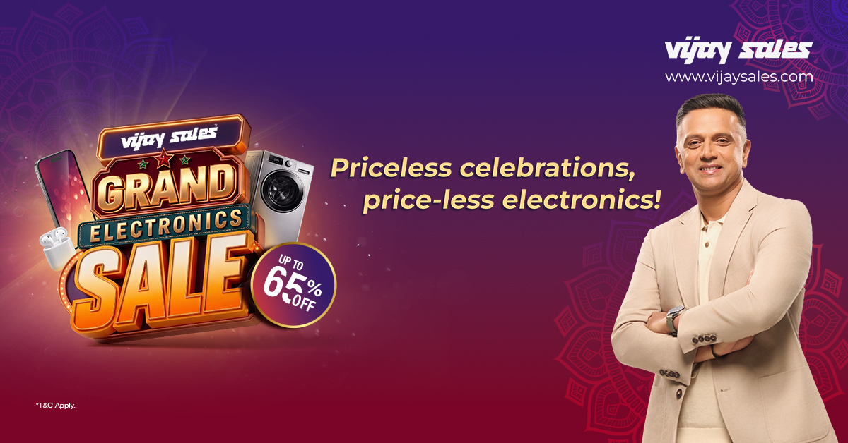 Vijay Sales&rsquo; Grand Electronics Sale Brings Up to 65% Off on Festive Gifts and Home Upgrades. Massive Savings on Smartphones, TVs, Laptops, Home & Everyday Appliances.