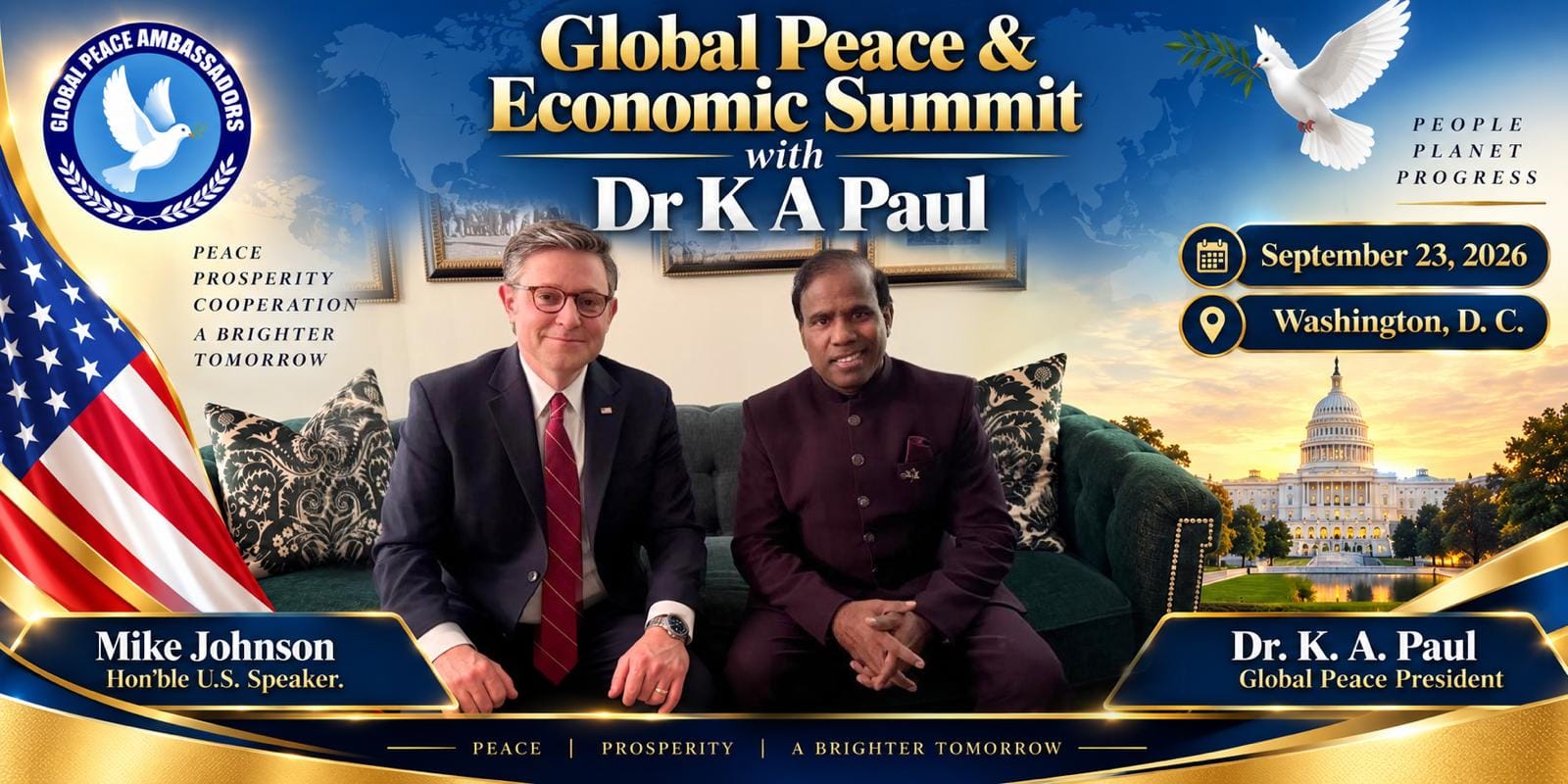 U.S. Speaker Mike Johnson to Join Dr. K. A. Paul at Global Peace and Economic Summit in Washington