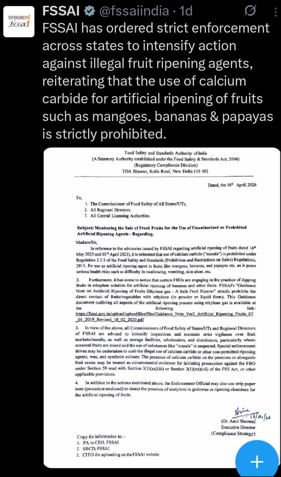 FSSAI Directs States to Enforce Ban on Calcium Carbide for Fruit Ripening