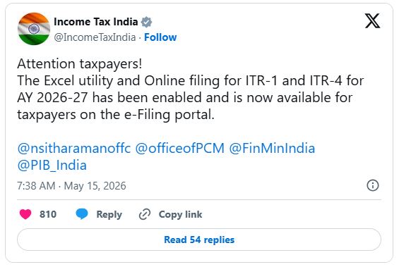 ITR Filing Season Begins as Income Tax Department Launches ITR-1, ITR-4 Utilities