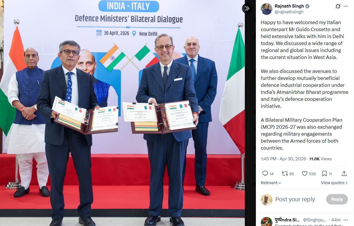 India, Italy to Develop Defence Industrial Framework for Co-Production of Military Hardware