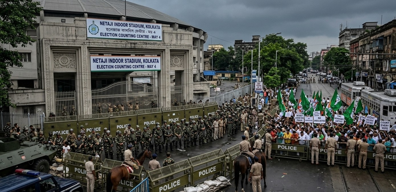 Security Tightened at Netaji Indoor Stadium Ahead of May 4 Counting Amid TMC Protest Over Alleged Irregularities!
