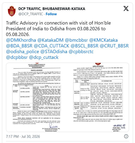 Traffic Curbs Announced in Bhubaneswar and Cuttack for President&rsquo;s Odisha Visit