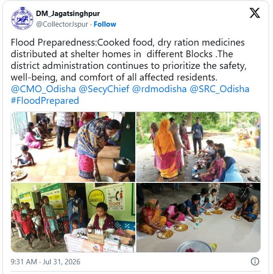 Jagatsinghpur Administration Strengthens Flood Relief Measures, Ensures Food and Medical Support at Shelter Homes
