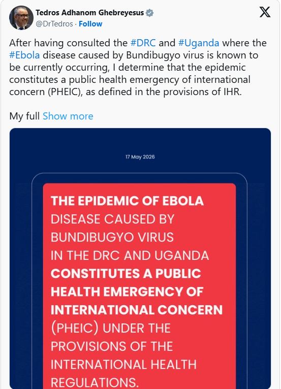 WHO Declares Ebola Outbreak in DR Congo, Uganda a Global Health Emergency