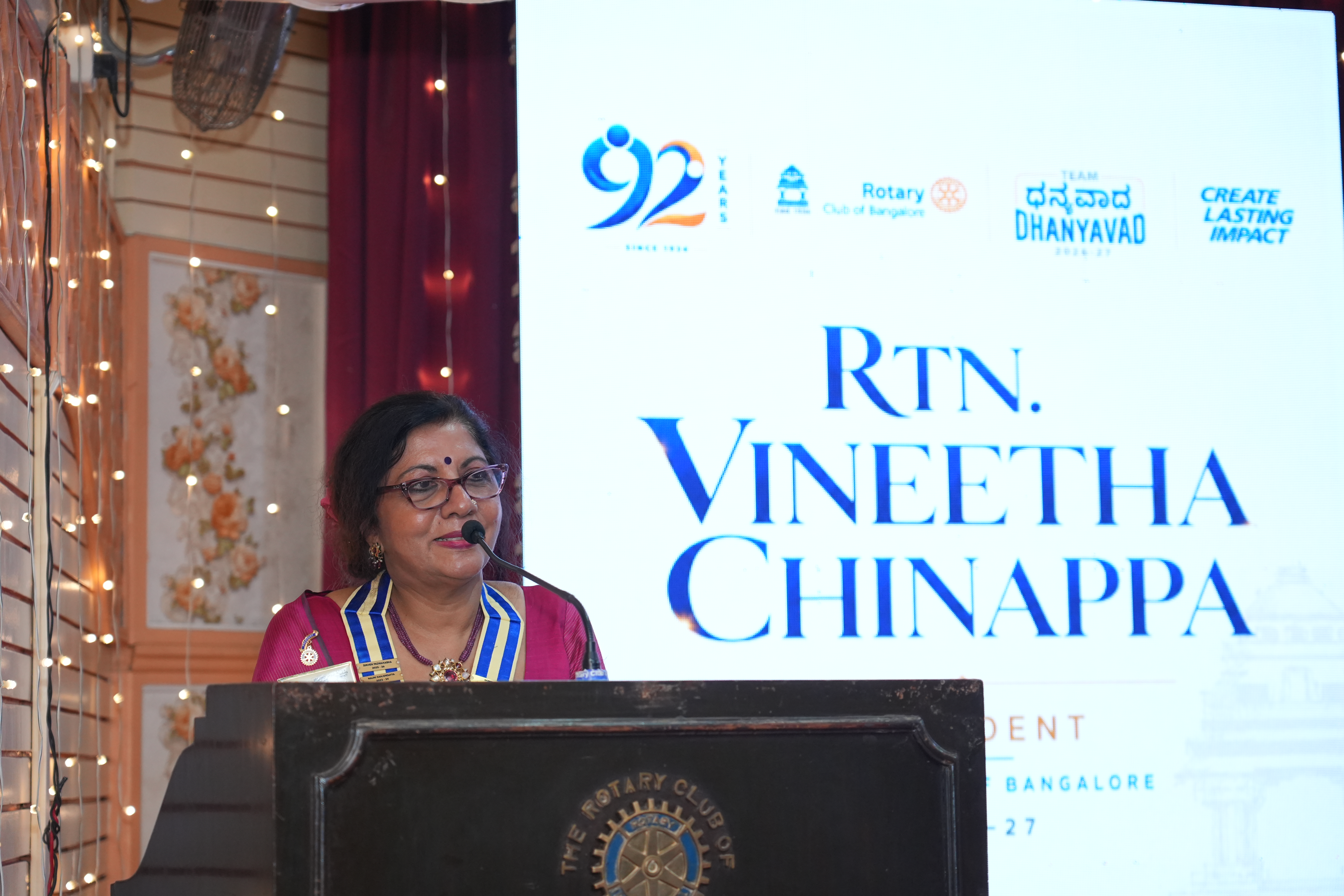 Rtn Vineetha Chinappa was installed as Rotary Club of Bangalore Rotary Bangalore,the new President