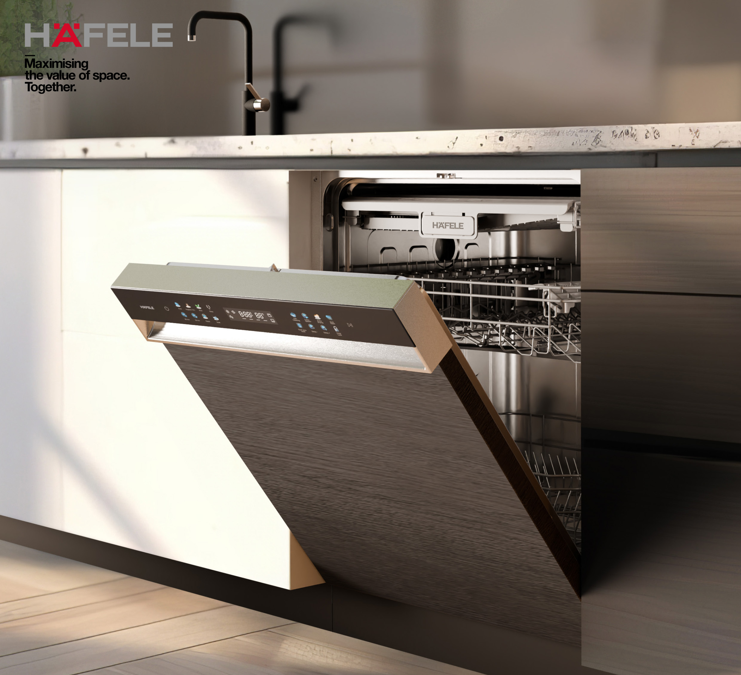Hafele Valeriya Dishwasher: Dual Zone Wash for Smarter Cleaning.