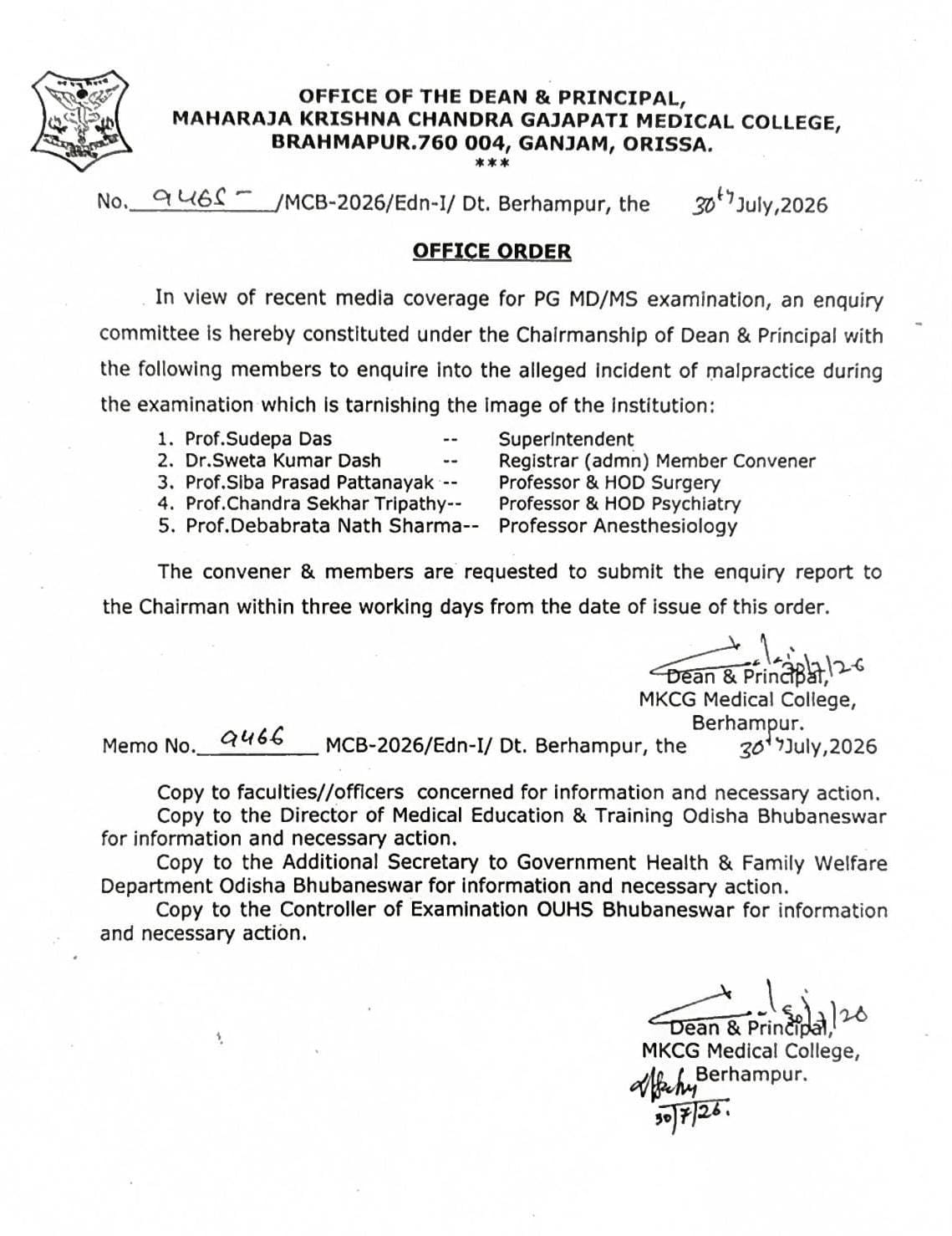 MKCG Medical College Forms Five-Member Panel to Probe Alleged PG Exam Malpractice