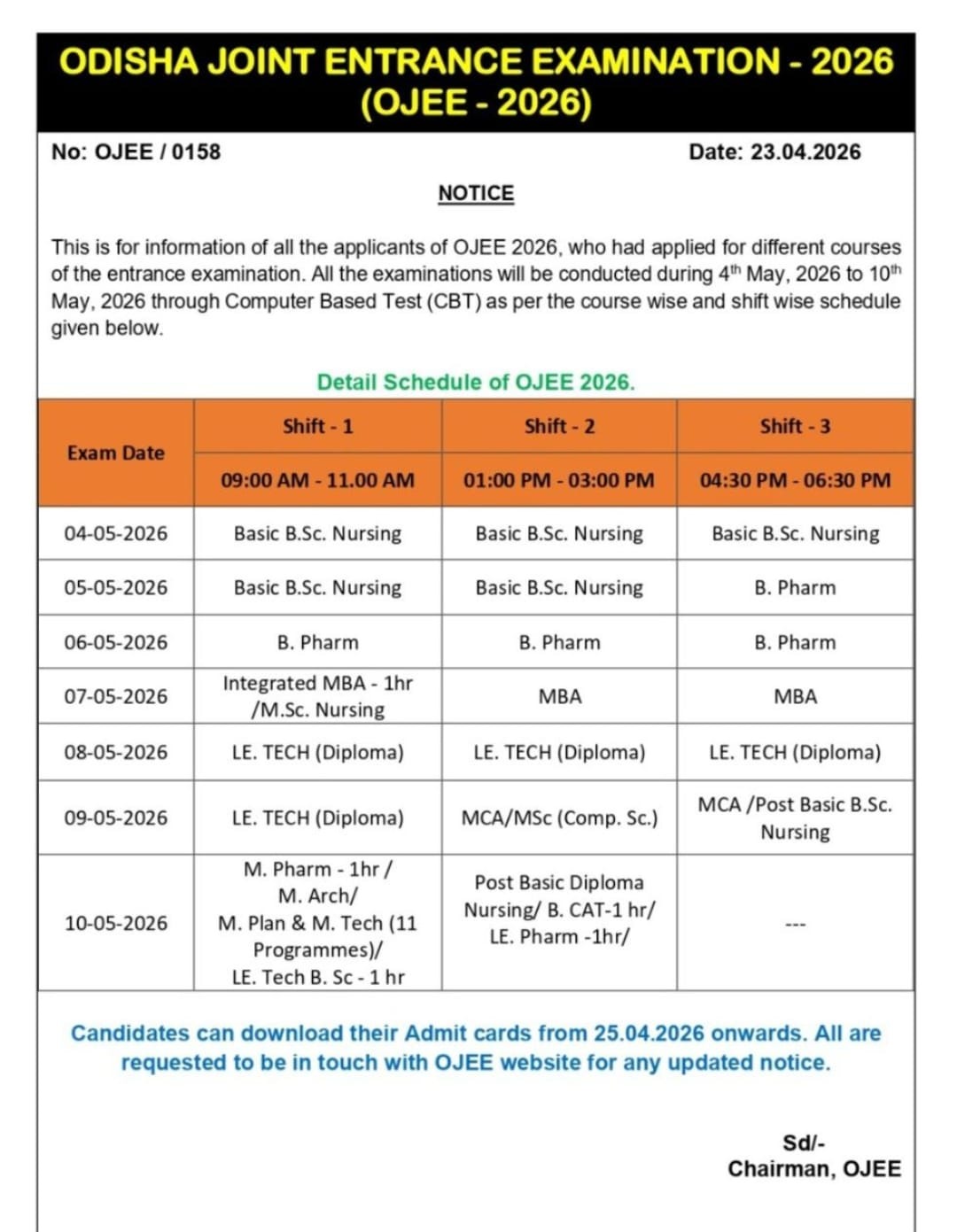 OJEE 2026 Schedule Announced; Exams from May 4 to May 10 in CBT Mode