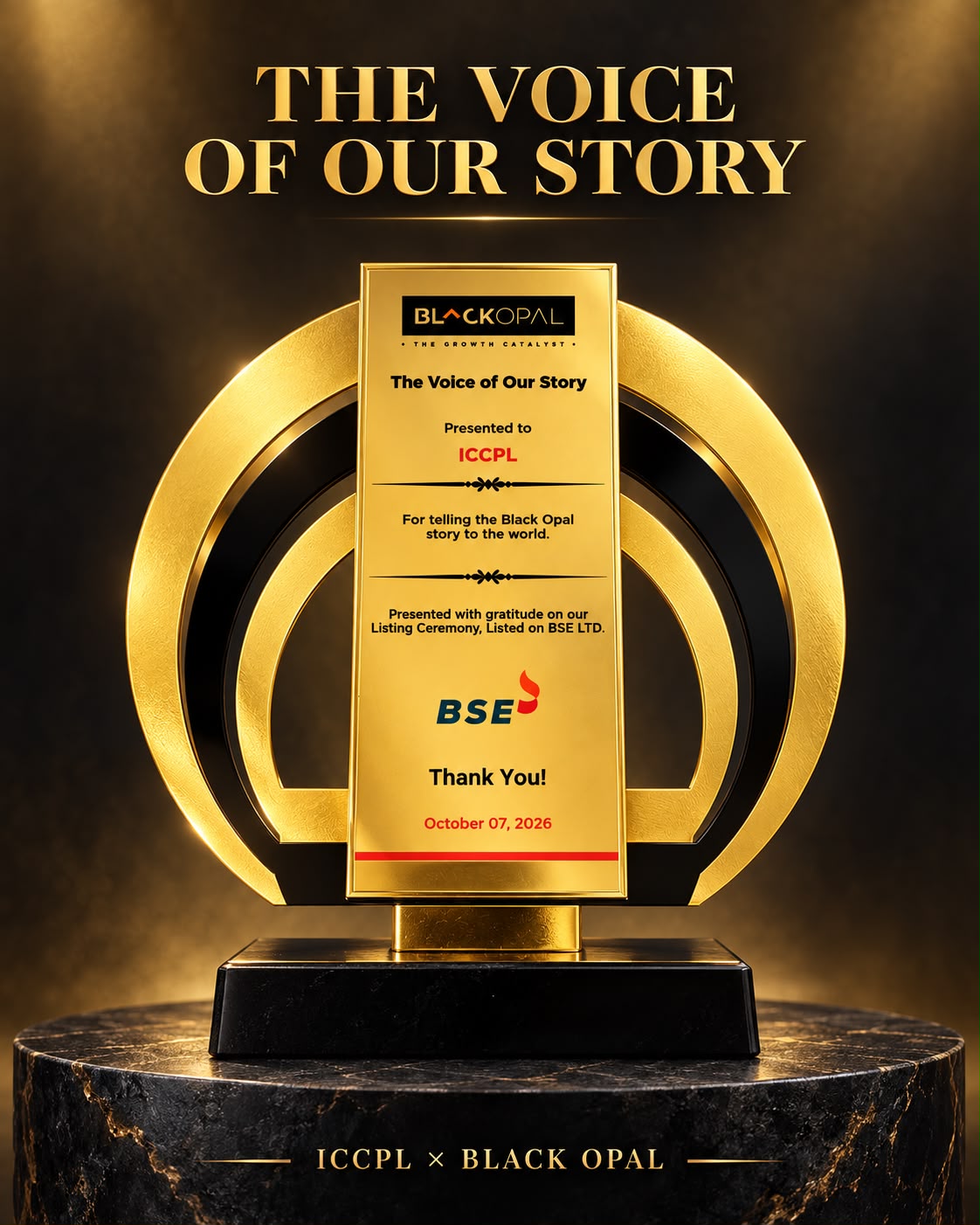 ICCPL Group Honoured by Black Opal at BSE Listing Ceremony for IPO Communications