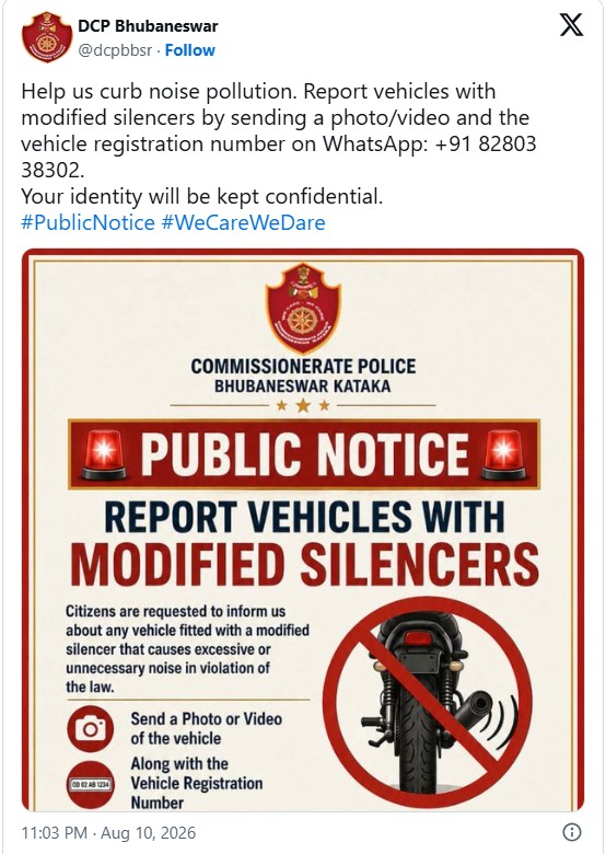 Bhubaneswar Police Seek Public Help to Crack Down on Noisy Modified Silencers
